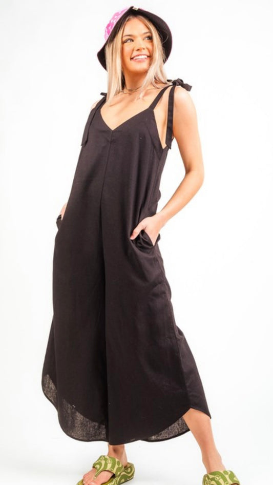 Sleeveless Linen Shoulder Tie Jumpsuit