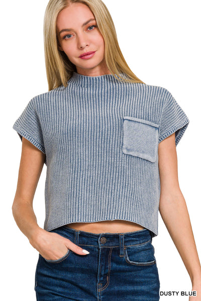 Washed Mock Neck Short Sleeve Cropped Sweater