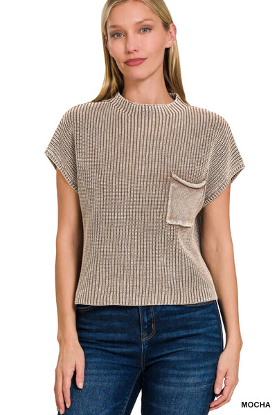 Mocha Washed Mock Neck Short Sleeve Crop Sweater