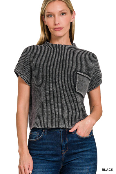 Black Mock Neck Short Sleeve Cropped Sweater