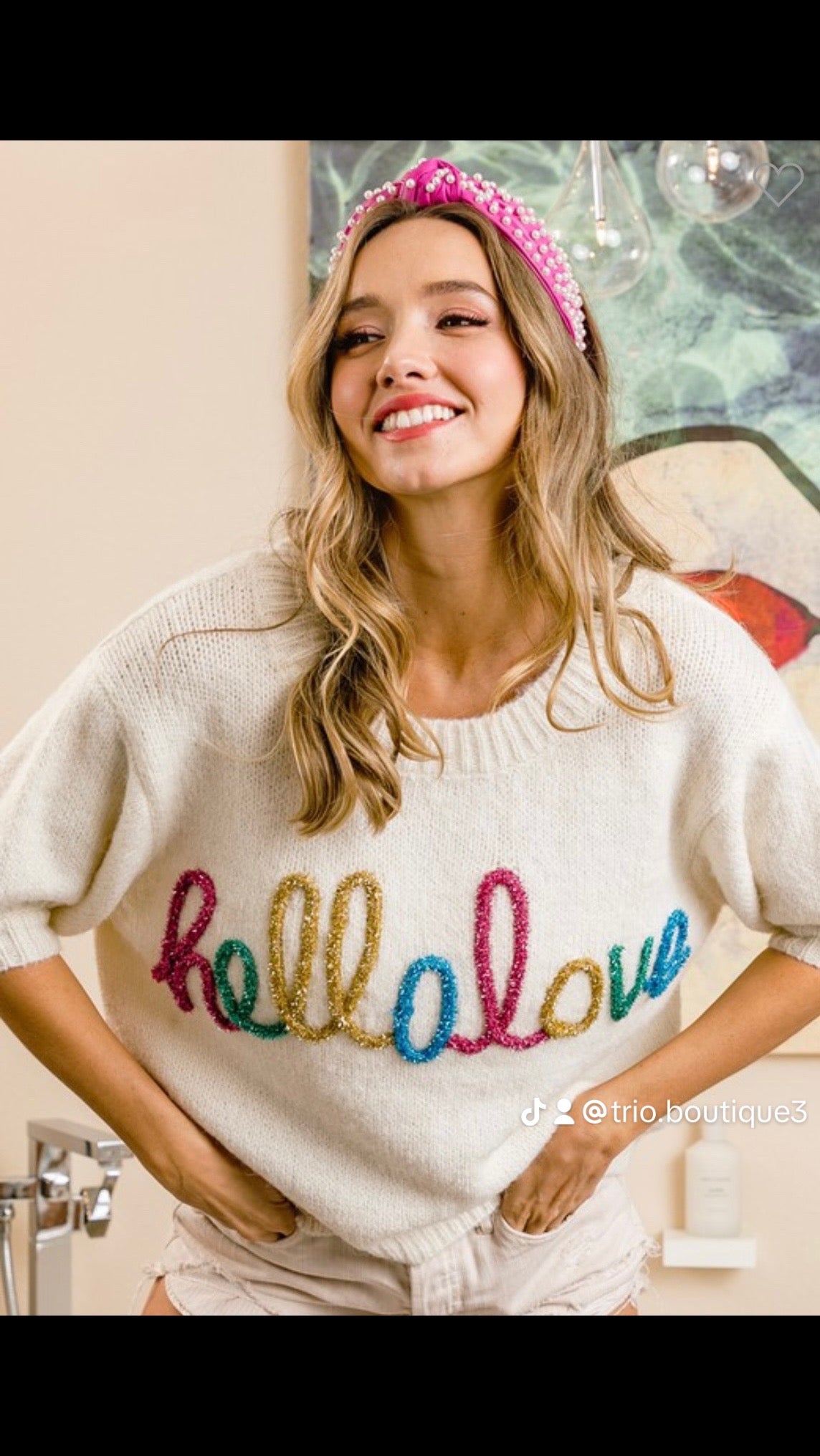 Metallic Letter Short Puff Sleeve Hairy Sweater